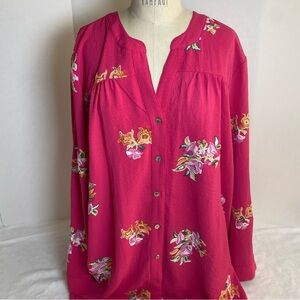 Anthropologie x Fig & Flower Embroidered Roll Tab Sleeve Peasant Boho Blouse 3X